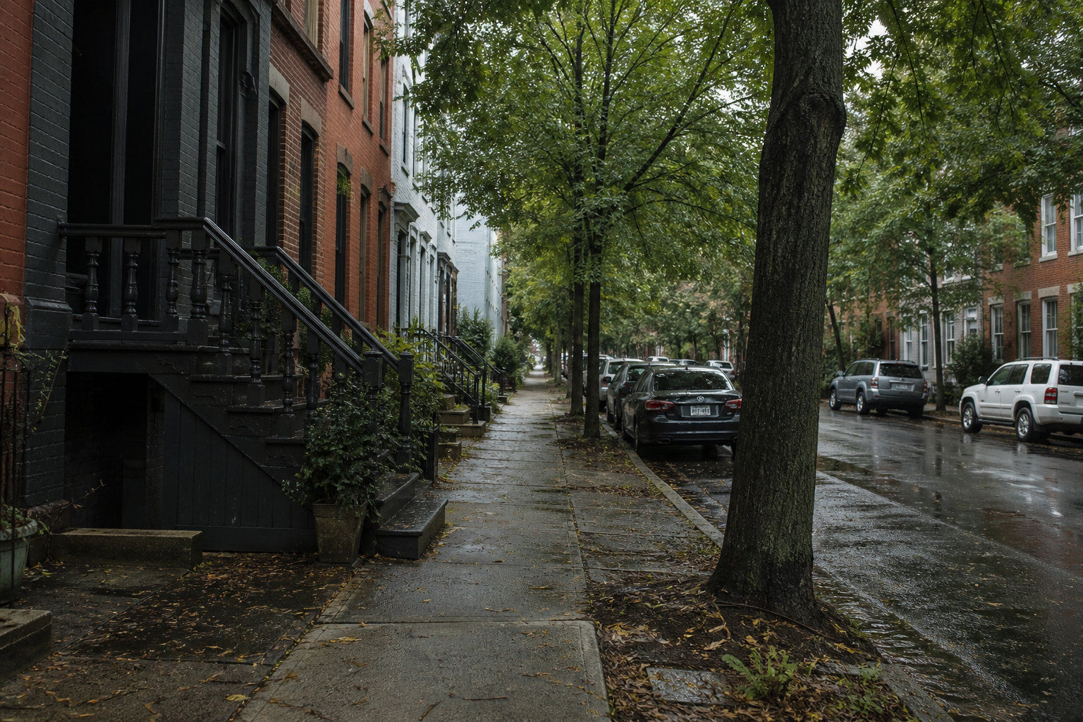 Tree-lined residential street after rain